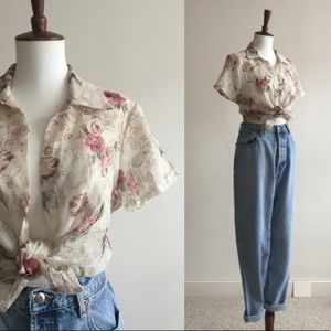 Vintage sheer rose print blouse